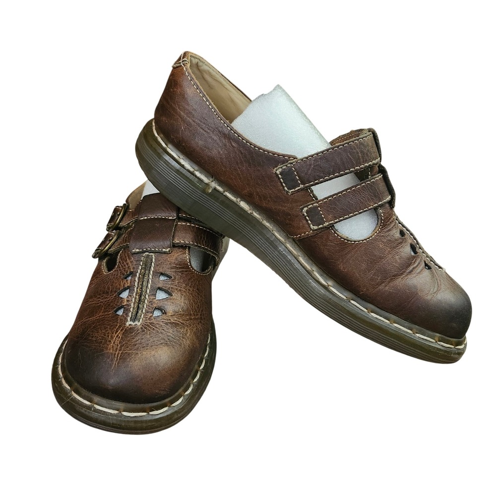 VTG Dr Martens Brown double buckle yellow trim brown leather made in England L7